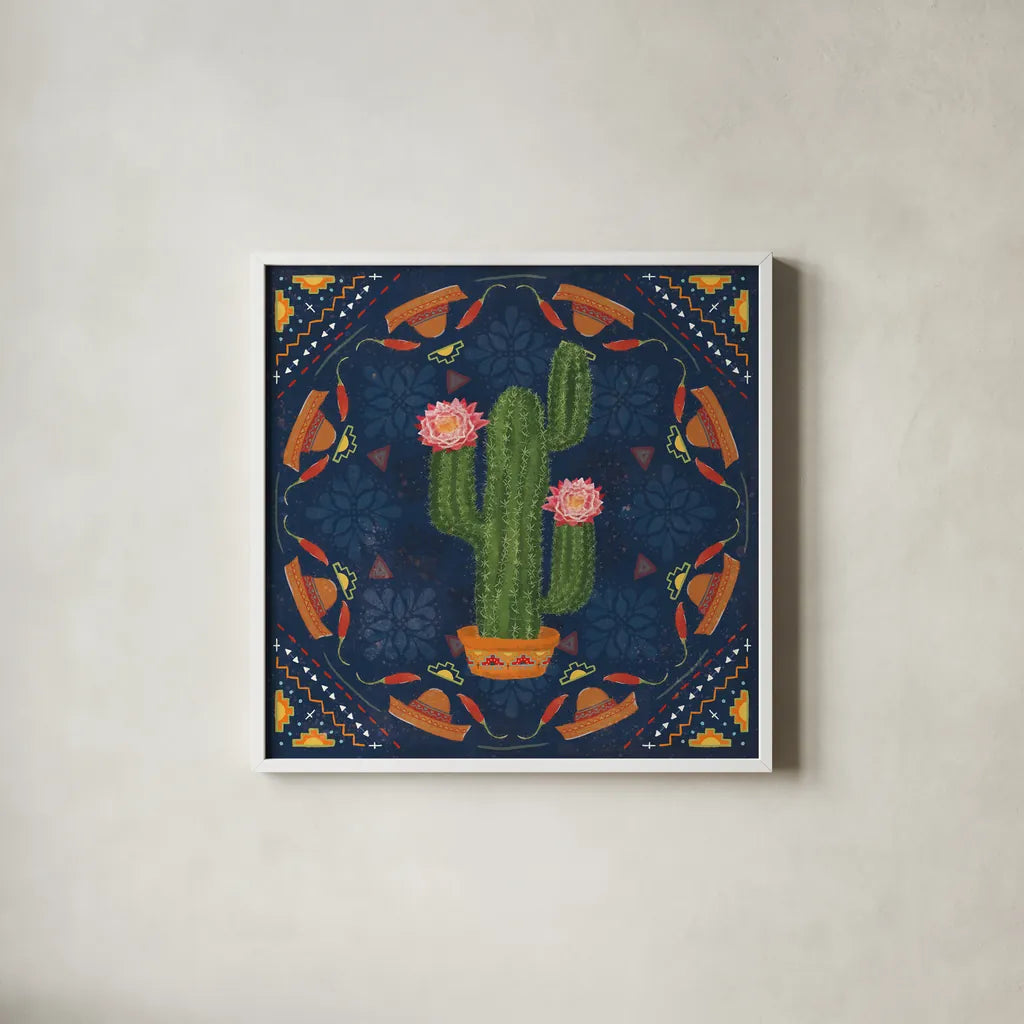 Tex Mex Fiesta V Dark by Veronique Charron. Shown in a crisp white glass frame for a clean and minimalist style. Available as an archival giclee rolled canvas, fine art paper, or poster print. SKU 61926a.
