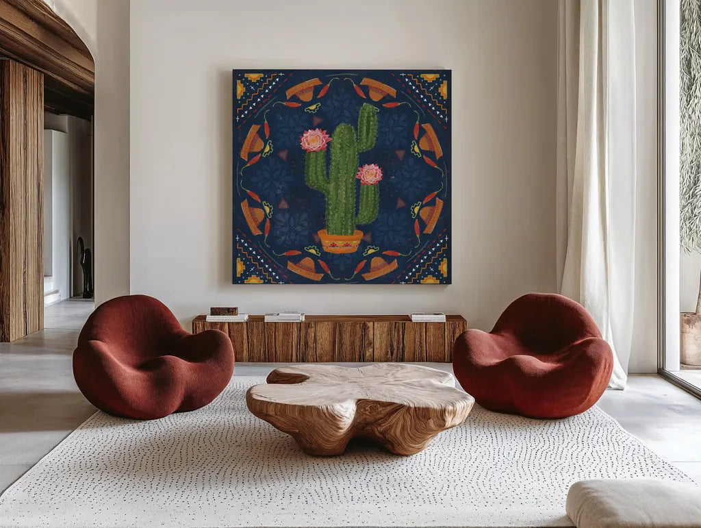 Tex Mex Fiesta V Dark by Veronique Charron. Shown as extra-large giant wall art in a modern living room. Available as an archival giclee rolled canvas, fine art paper, or poster print. SKU 61926a.
