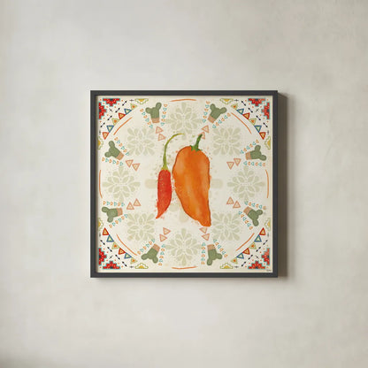Tex Mex Fiesta VI by Veronique Charron. Shown in a sleek black glass frame for a contemporary gallery look. Available as an archival giclee rolled canvas, fine art paper, or poster print. SKU 61919a.