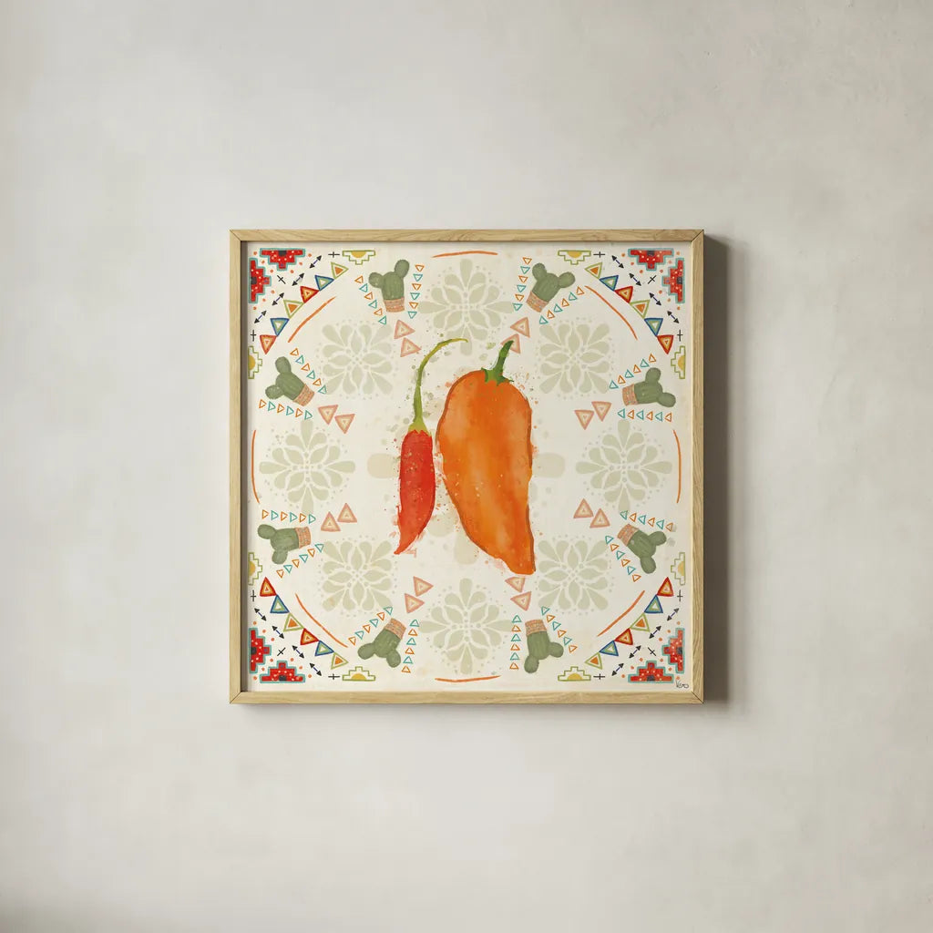 Tex Mex Fiesta VI by Veronique Charron. Shown in a natural wood glass frame for a timeless modern aesthetic. Available as an archival giclee rolled canvas, fine art paper, or poster print. SKU 61919a.