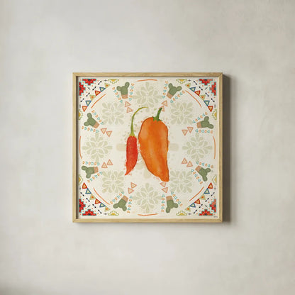 Tex Mex Fiesta VI by Veronique Charron. Shown in a natural wood glass frame for a timeless modern aesthetic. Available as an archival giclee rolled canvas, fine art paper, or poster print. SKU 61919a.