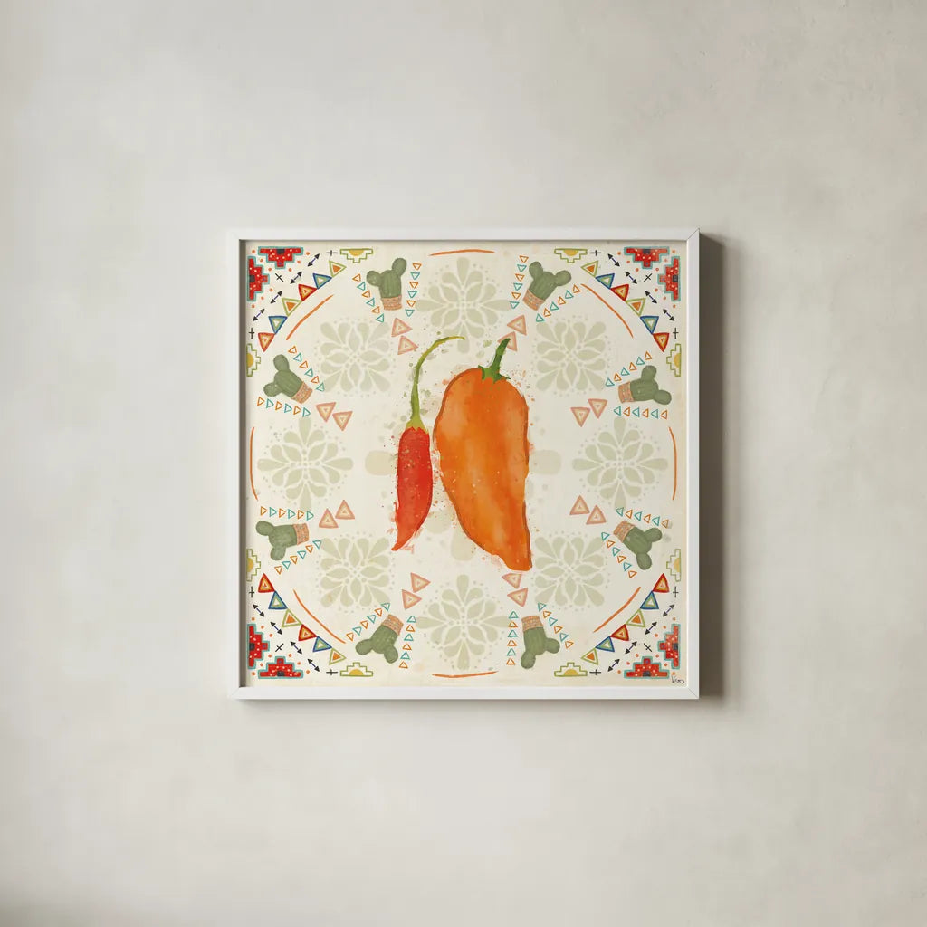 Tex Mex Fiesta VI by Veronique Charron. Shown in a crisp white glass frame for a clean and minimalist style. Available as an archival giclee rolled canvas, fine art paper, or poster print. SKU 61919a.