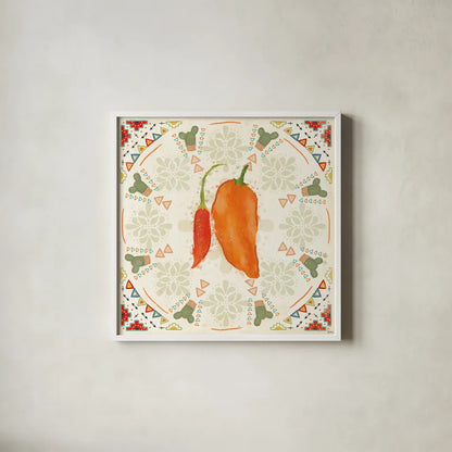 Tex Mex Fiesta VI by Veronique Charron. Shown in a crisp white glass frame for a clean and minimalist style. Available as an archival giclee rolled canvas, fine art paper, or poster print. SKU 61919a.