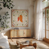 Tex Mex Fiesta VI by Veronique Charron. Shown in a natural wood frame in a cozy modern living room. Available as an archival giclee rolled canvas, fine art paper, or poster print. SKU 61919a.