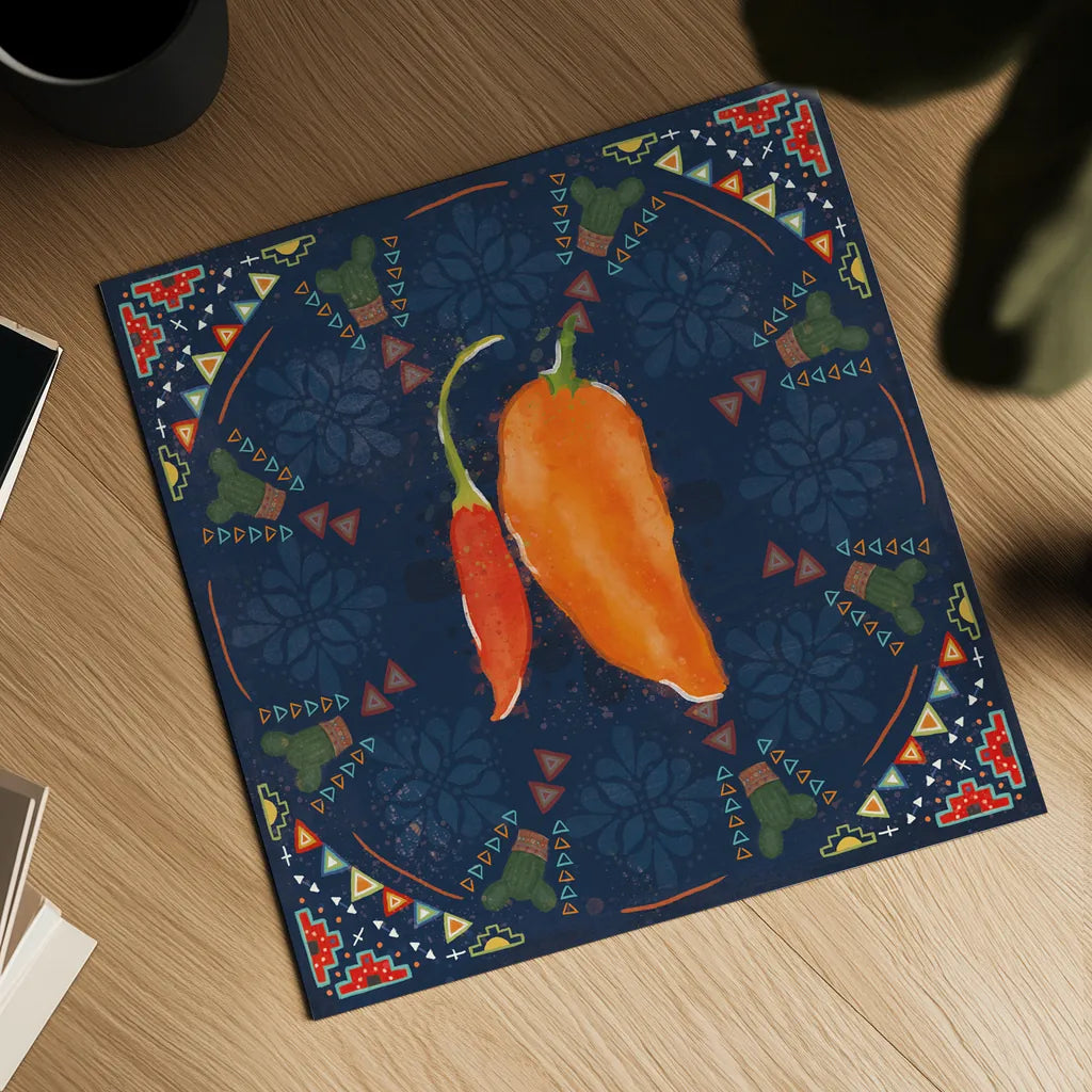 Tex Mex Fiesta VI Dark by Veronique Charron. Shown as a detailed flat fine art print, highlighting archival giclee quality. Available as an archival giclee rolled canvas, fine art paper, or poster print. SKU 61927a.