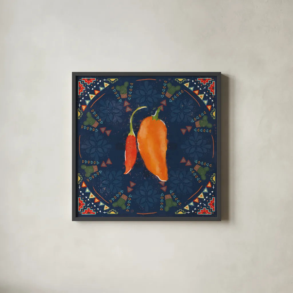 Tex Mex Fiesta VI Dark by Veronique Charron. Shown in a sleek black glass frame for a contemporary gallery look. Available as an archival giclee rolled canvas, fine art paper, or poster print. SKU 61927a.