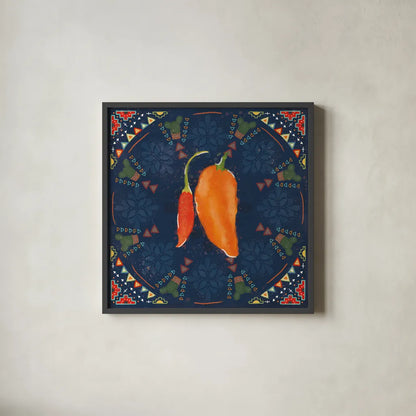 Tex Mex Fiesta VI Dark by Veronique Charron. Shown in a sleek black glass frame for a contemporary gallery look. Available as an archival giclee rolled canvas, fine art paper, or poster print. SKU 61927a.