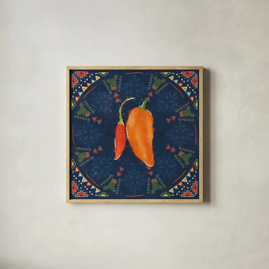 Tex Mex Fiesta VI Dark by Veronique Charron. Shown in a natural wood glass frame for a timeless modern aesthetic. Available as an archival giclee rolled canvas, fine art paper, or poster print. SKU 61927a.