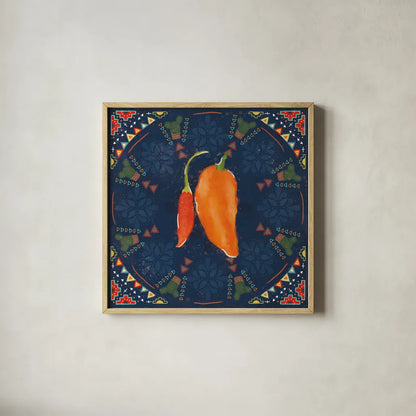 Tex Mex Fiesta VI Dark by Veronique Charron. Shown in a natural wood glass frame for a timeless modern aesthetic. Available as an archival giclee rolled canvas, fine art paper, or poster print. SKU 61927a.