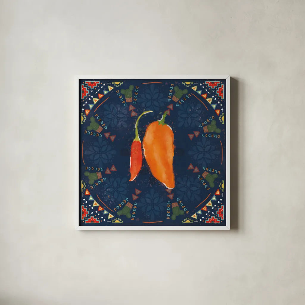 Tex Mex Fiesta VI Dark by Veronique Charron. Shown in a crisp white glass frame for a clean and minimalist style. Available as an archival giclee rolled canvas, fine art paper, or poster print. SKU 61927a.