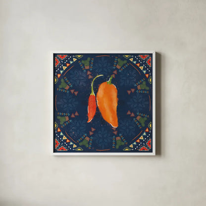 Tex Mex Fiesta VI Dark by Veronique Charron. Shown in a crisp white glass frame for a clean and minimalist style. Available as an archival giclee rolled canvas, fine art paper, or poster print. SKU 61927a.
