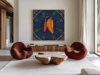 Tex Mex Fiesta VI Dark by Veronique Charron. Shown as extra-large giant wall art in a modern living room. Available as an archival giclee rolled canvas, fine art paper, or poster print. SKU 61927a.