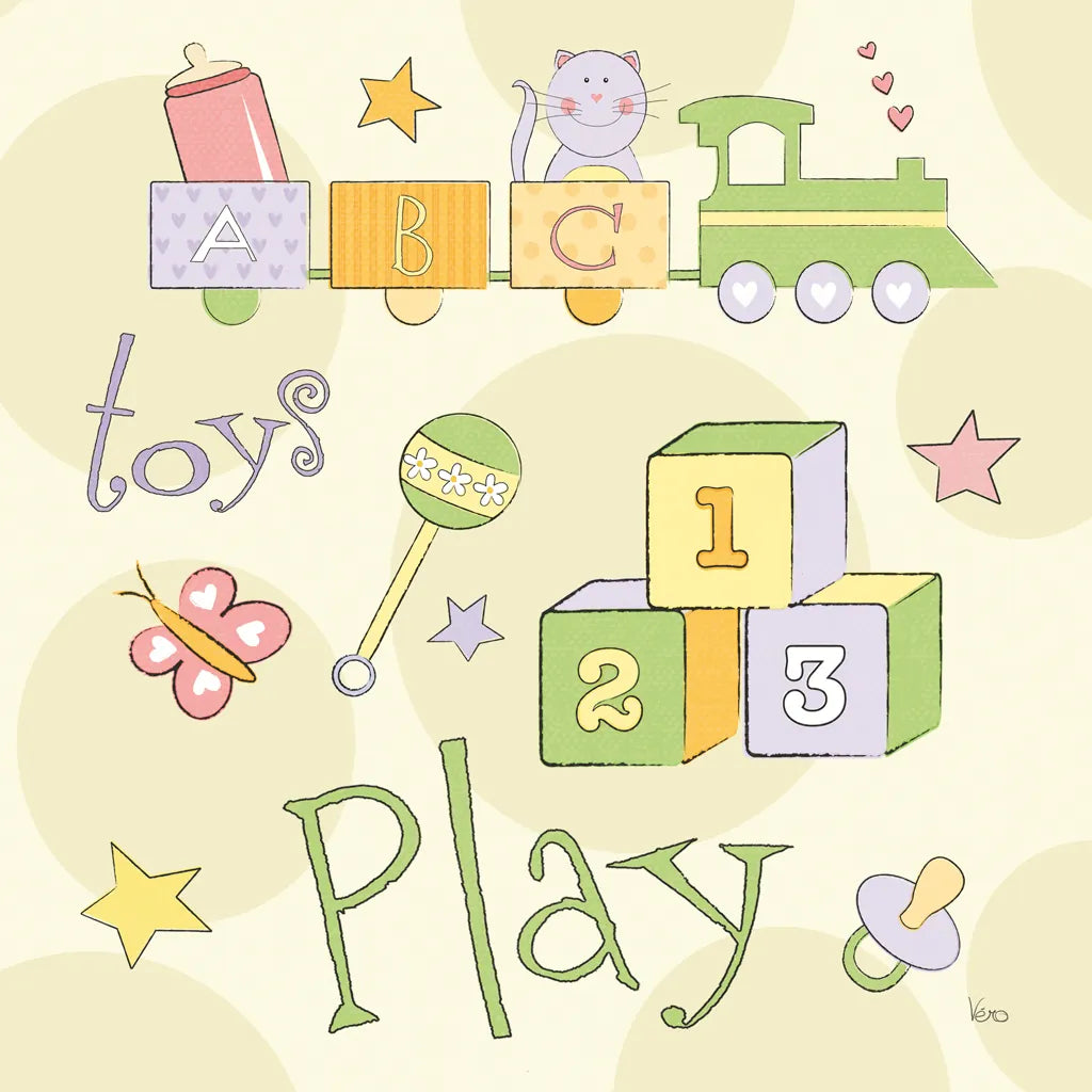 Toys and Hugs Green III by Veronique Charron. SKU 101252a. Archival Giclee Fine art print for wall decor.