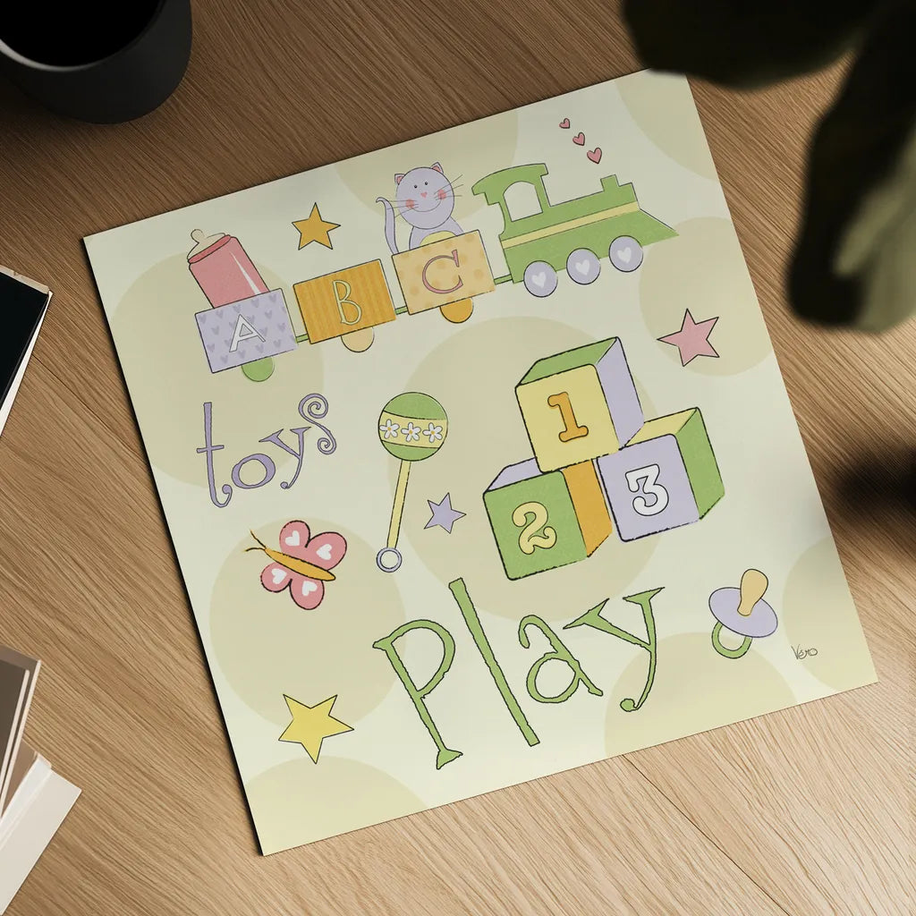 Toys and Hugs Green III by Veronique Charron. Shown as a detailed flat fine art print, highlighting archival giclee quality. Available as an archival giclee rolled canvas, fine art paper, or poster print. SKU 101252a.