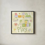 Toys and Hugs Green III by Veronique Charron. Shown in a sleek black glass frame for a contemporary gallery look. Available as an archival giclee rolled canvas, fine art paper, or poster print. SKU 101252a.