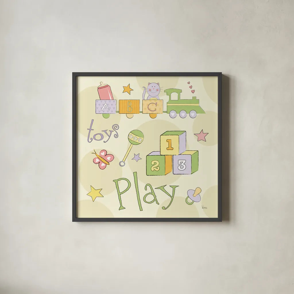 Toys and Hugs Green III by Veronique Charron. Shown in a sleek black glass frame for a contemporary gallery look. Available as an archival giclee rolled canvas, fine art paper, or poster print. SKU 101252a.