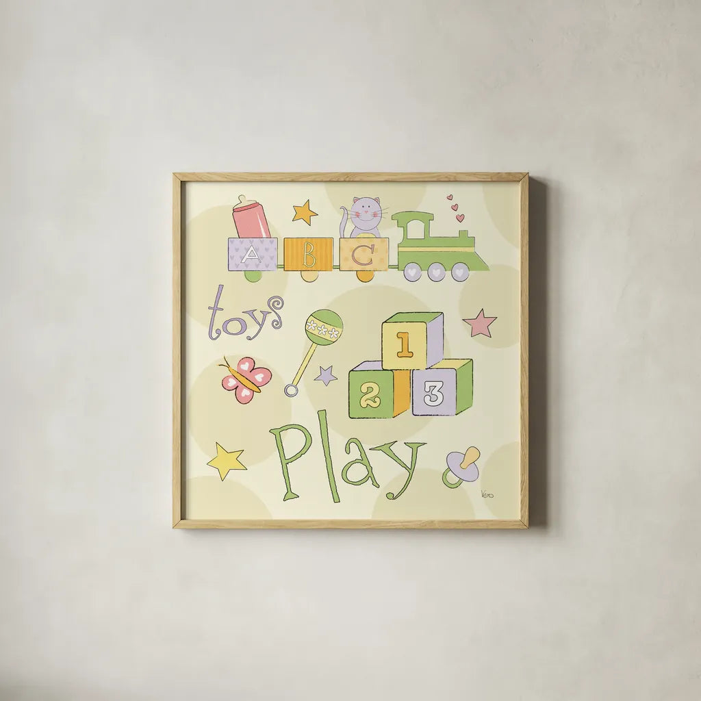 Toys and Hugs Green III by Veronique Charron. Shown in a natural wood glass frame for a timeless modern aesthetic. Available as an archival giclee rolled canvas, fine art paper, or poster print. SKU 101252a.