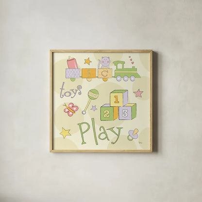 Toys and Hugs Green III by Veronique Charron. Shown in a natural wood glass frame for a timeless modern aesthetic. Available as an archival giclee rolled canvas, fine art paper, or poster print. SKU 101252a.