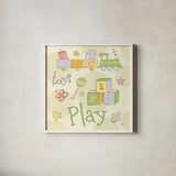 Toys and Hugs Green III by Veronique Charron. Shown in a crisp white glass frame for a clean and minimalist style. Available as an archival giclee rolled canvas, fine art paper, or poster print. SKU 101252a.