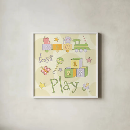Toys and Hugs Green III by Veronique Charron. Shown in a crisp white glass frame for a clean and minimalist style. Available as an archival giclee rolled canvas, fine art paper, or poster print. SKU 101252a.