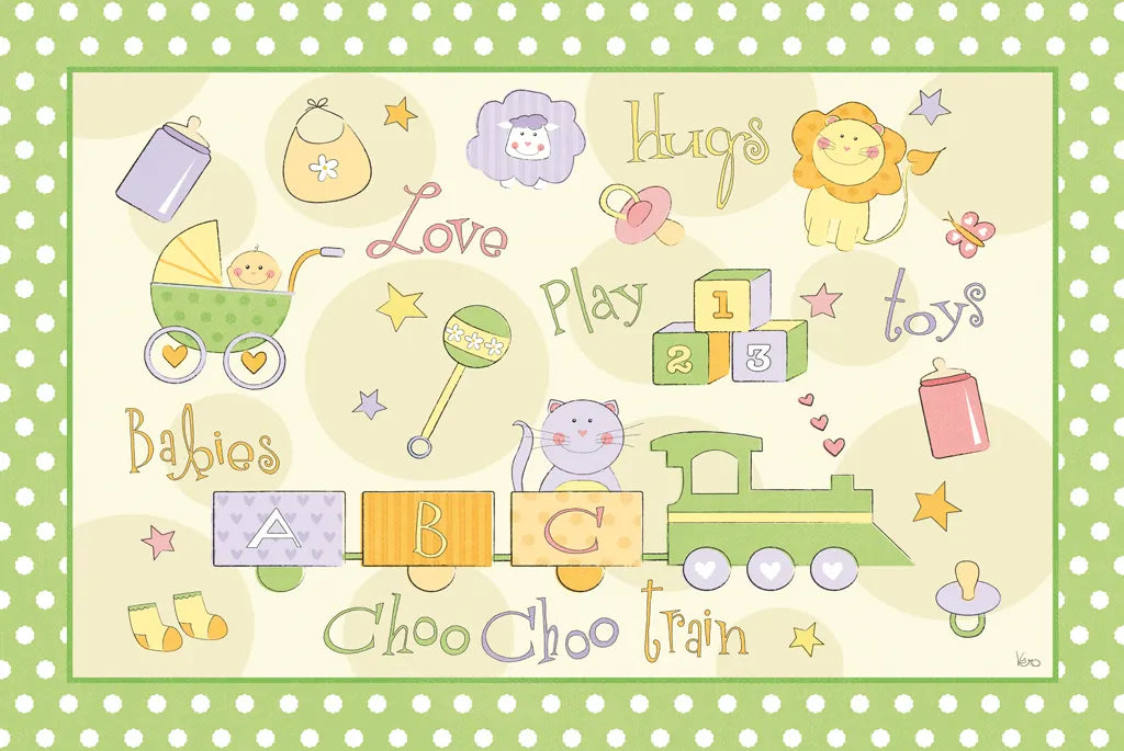 Toys and Hugs I Green by Veronique Charron. SKU 101250i. Archival Giclee Fine art print for wall decor.