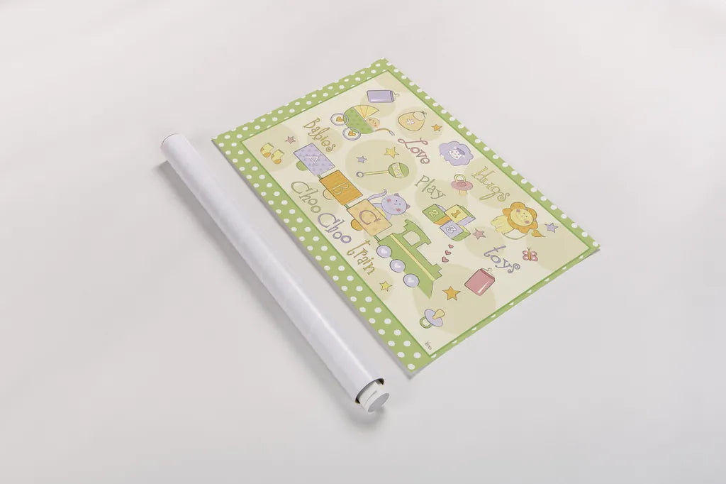 Toys and Hugs I Green by Veronique Charron. shown as a rolled paper print. Available as archival giclee rolled canvas, fine art paper, or poster print. SKU 101250i.