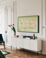 Toys and Hugs I Green by Veronique Charron. shown as a framed stretched canvas in a living room above a console. Available as a archival giclee rolled canvas, fine art paper, or poster print. SKU 101250i.