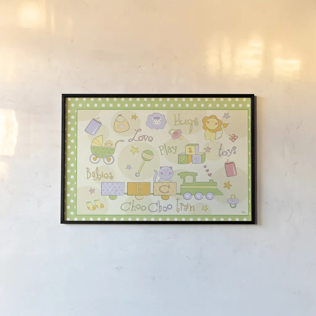 Toys and Hugs I Green by Veronique Charron. shown as a paper print in a black flame. Available as a archival giclee rolled canvas, fine art paper, or poster print. SKU 101250i.