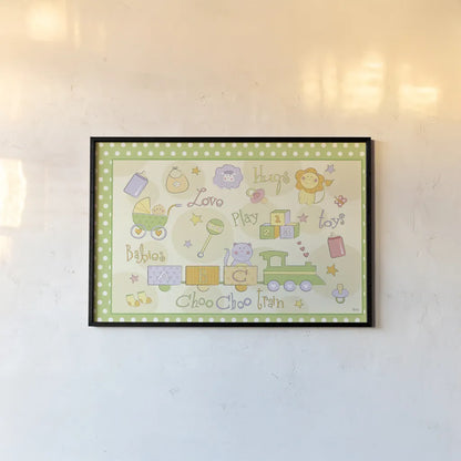 Toys and Hugs I Green by Veronique Charron. shown as a paper print in a black flame. Available as a archival giclee rolled canvas, fine art paper, or poster print. SKU 101250i.