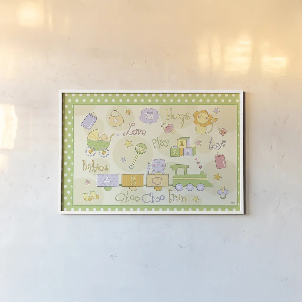 Toys and Hugs I Green by Veronique Charron. shown as a paper print in a white frame. Available as a archival giclee rolled canvas, fine art paper, or poster print. SKU 101250i.