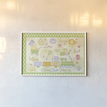 Toys and Hugs I Green by Veronique Charron. shown as a paper print in a white frame. Available as a archival giclee rolled canvas, fine art paper, or poster print. SKU 101250i.