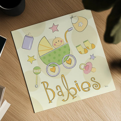 Toys and Hugs II by Veronique Charron. Shown as a detailed flat fine art print, highlighting archival giclee quality. Available as an archival giclee rolled canvas, fine art paper, or poster print. SKU 101251a.