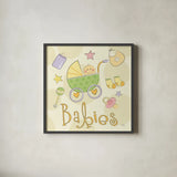 Toys and Hugs II by Veronique Charron. Shown in a sleek black glass frame for a contemporary gallery look. Available as an archival giclee rolled canvas, fine art paper, or poster print. SKU 101251a.