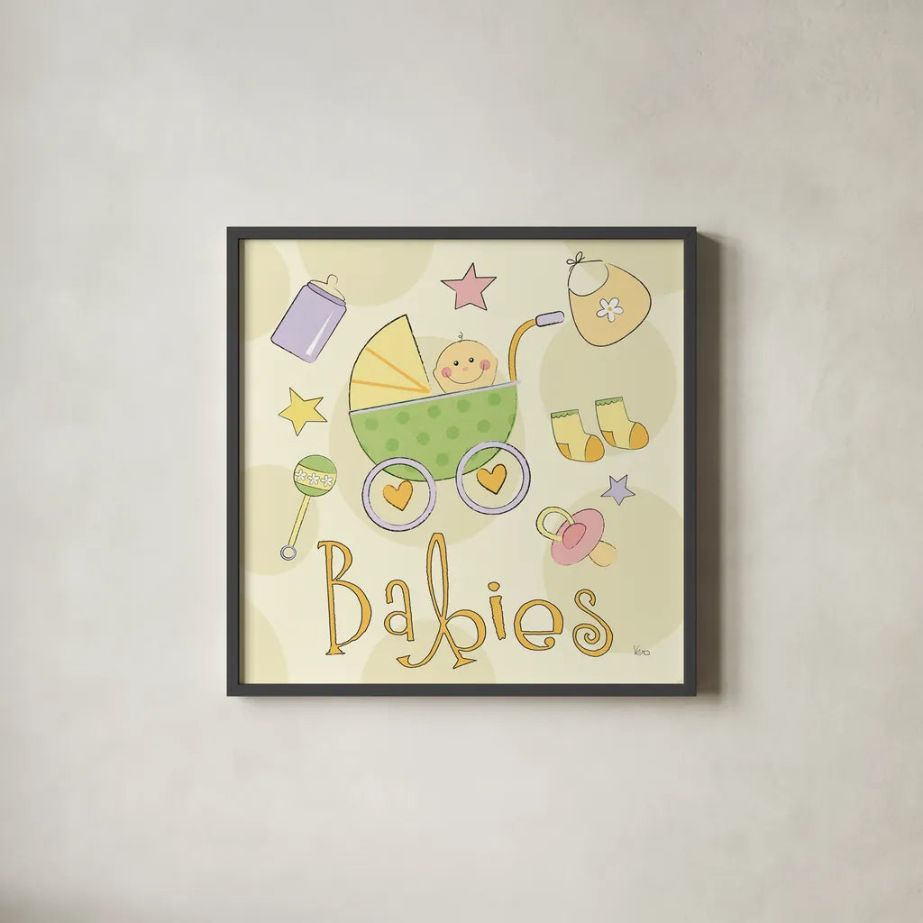 Toys and Hugs II by Veronique Charron. Shown in a sleek black glass frame for a contemporary gallery look. Available as an archival giclee rolled canvas, fine art paper, or poster print. SKU 101251a.