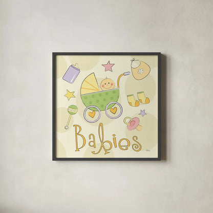 Toys and Hugs II by Veronique Charron. Shown in a sleek black glass frame for a contemporary gallery look. Available as an archival giclee rolled canvas, fine art paper, or poster print. SKU 101251a.