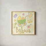 Toys and Hugs II by Veronique Charron. Shown in a natural wood glass frame for a timeless modern aesthetic. Available as an archival giclee rolled canvas, fine art paper, or poster print. SKU 101251a.