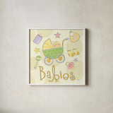 Toys and Hugs II by Veronique Charron. Shown in a crisp white glass frame for a clean and minimalist style. Available as an archival giclee rolled canvas, fine art paper, or poster print. SKU 101251a.