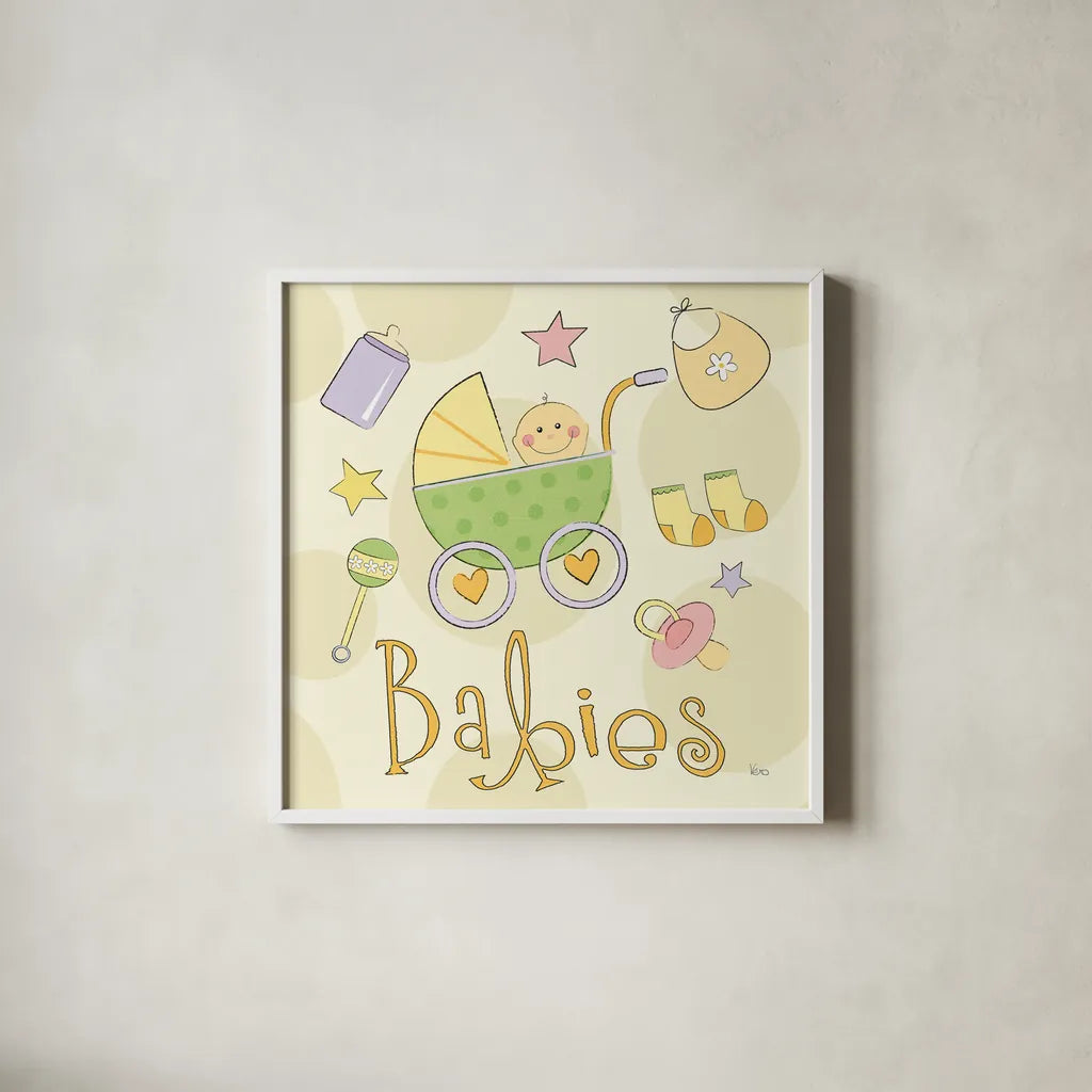 Toys and Hugs II by Veronique Charron. Shown in a crisp white glass frame for a clean and minimalist style. Available as an archival giclee rolled canvas, fine art paper, or poster print. SKU 101251a.