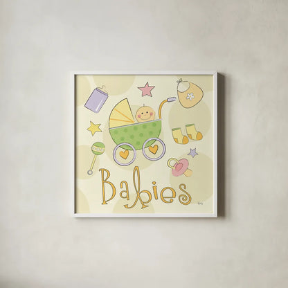 Toys and Hugs II by Veronique Charron. Shown in a crisp white glass frame for a clean and minimalist style. Available as an archival giclee rolled canvas, fine art paper, or poster print. SKU 101251a.