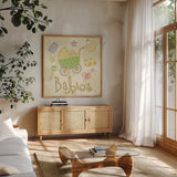 Toys and Hugs II by Veronique Charron. Shown in a natural wood frame in a cozy modern living room. Available as an archival giclee rolled canvas, fine art paper, or poster print. SKU 101251a.