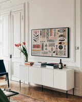 Tribal Tones I by Veronique Charron. shown as a framed stretched canvas in a living room above a console. Available as a archival giclee rolled canvas, fine art paper, or poster print. SKU 70454i.