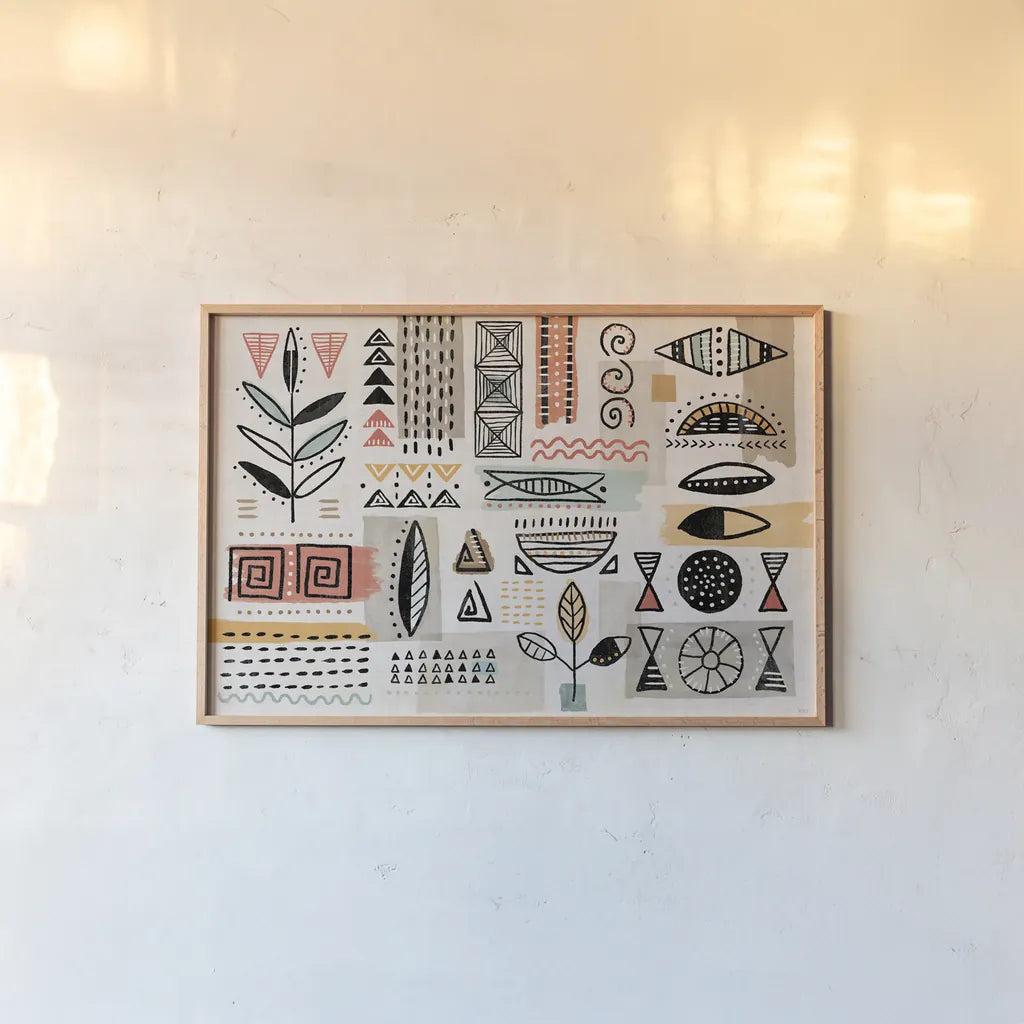 Tribal Tones I by Veronique Charron. shown as a paper print in a natural frame. Available as a archival giclee rolled canvas, fine art paper, or poster print. SKU 70454i.