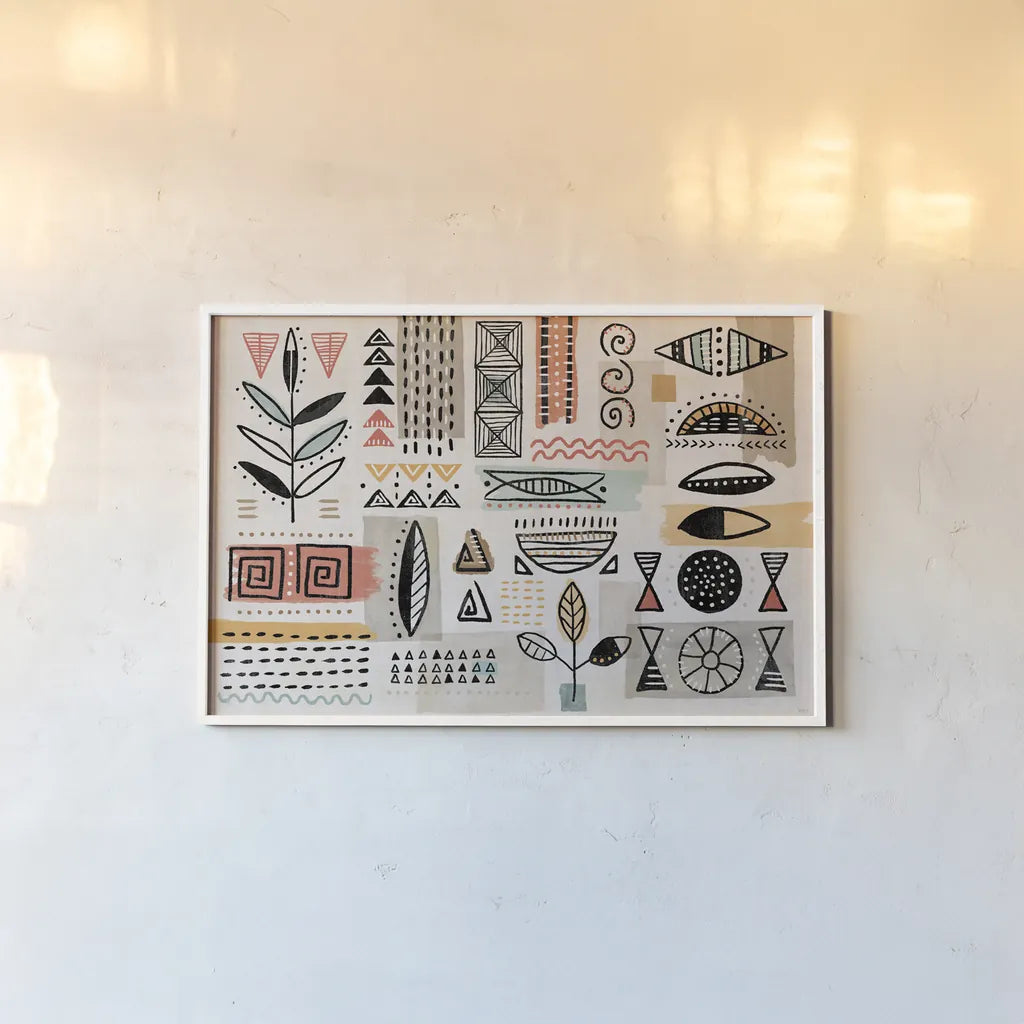 Tribal Tones I by Veronique Charron. shown as a paper print in a white frame. Available as a archival giclee rolled canvas, fine art paper, or poster print. SKU 70454i.