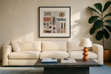Tribal Tones II by Veronique Charron. Displayed in a glass frame with matte in a clean modern living room. Available as an archival giclee rolled canvas, fine art paper, or poster print. SKU 70455a.