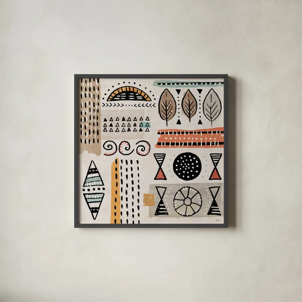 Tribal Tones III by Veronique Charron. Shown in a sleek black glass frame for a contemporary gallery look. Available as an archival giclee rolled canvas, fine art paper, or poster print. SKU 70456a.