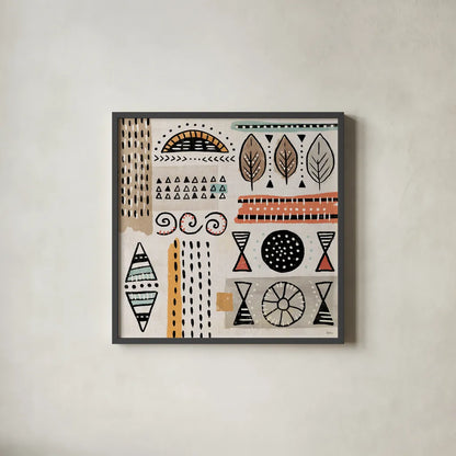 Tribal Tones III by Veronique Charron. Shown in a sleek black glass frame for a contemporary gallery look. Available as an archival giclee rolled canvas, fine art paper, or poster print. SKU 70456a.