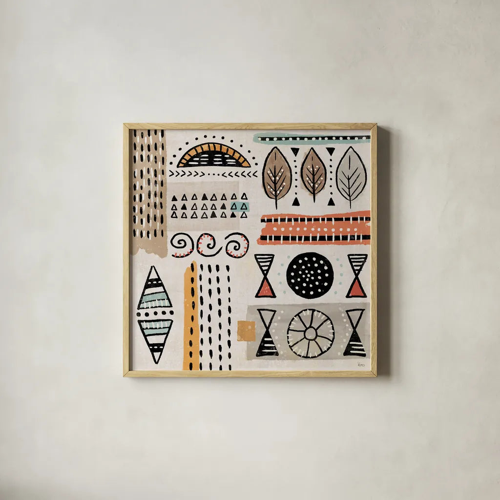 Tribal Tones III by Veronique Charron. Shown in a natural wood glass frame for a timeless modern aesthetic. Available as an archival giclee rolled canvas, fine art paper, or poster print. SKU 70456a.
