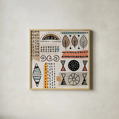 Tribal Tones III by Veronique Charron. Shown in a natural wood glass frame for a timeless modern aesthetic. Available as an archival giclee rolled canvas, fine art paper, or poster print. SKU 70456a.