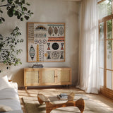 Tribal Tones III by Veronique Charron. Shown in a natural wood frame in a cozy modern living room. Available as an archival giclee rolled canvas, fine art paper, or poster print. SKU 70456a.