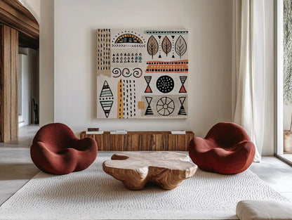 Tribal Tones III by Veronique Charron. Shown as extra-large giant wall art in a modern living room. Available as an archival giclee rolled canvas, fine art paper, or poster print. SKU 70456a.